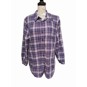 LL Bean Plaid Flannel Sherpa Lined Shirt Jacket Purple Blue White Size Medium